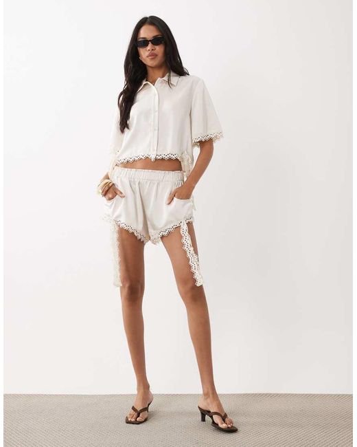 Noughts & Kisses Natural Satin Lace Trim Cropped Shirt