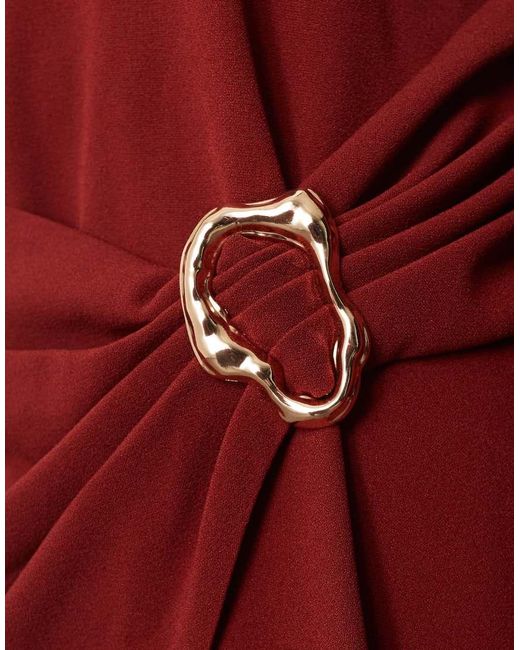 ARRANGE Red Curve Long Sleeve Draped Satin Maxi Dress With Gold Hardware