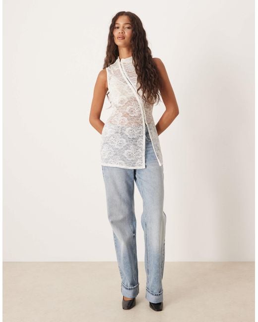 ASOS White Sheer Lace Hook And Eye Longline Top