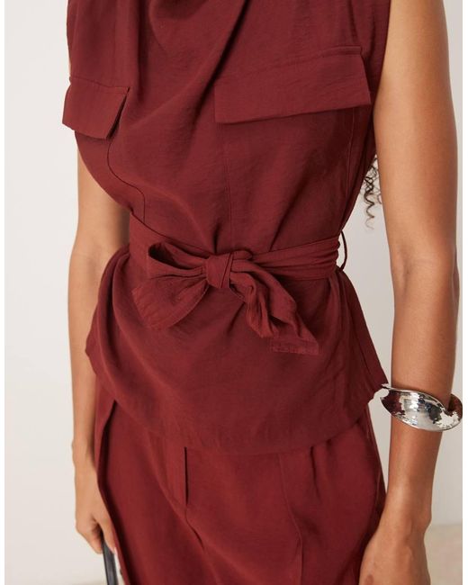 Mango Red High Neck Belted Sleeveless Top Co-ord