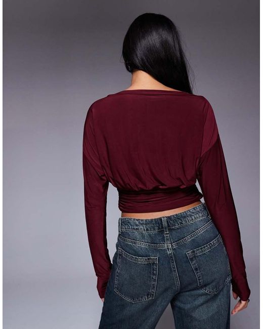 ASOS Purple Slinky Asymmetric One Shoulder Long Sleeve Top With Cinch Waist Detail