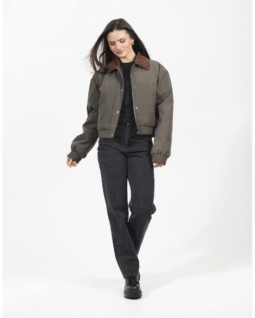 Brave Soul Gray Twill Bomber Style Jacket With Cord Collar
