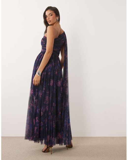 LACE & BEADS Blue Bridesmaid One Shoulder Scarf Neck Maxi Dress