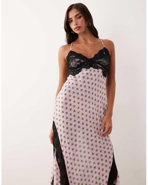 AFRM Pink Vince Printed Mesh Lace Detail Cross Back Midi Dress