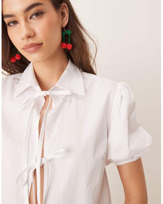 ASOS Blue Tie Front Puff Sleeve Blouse