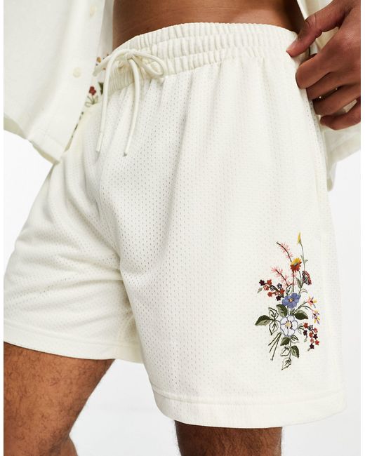 Abercrombie & Fitch Natural Co-ord Mesh Inseam Shorts With Floral Embroidery for men