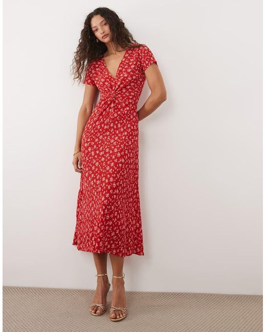 Mango Red Twist Front V Neck Midi Dress