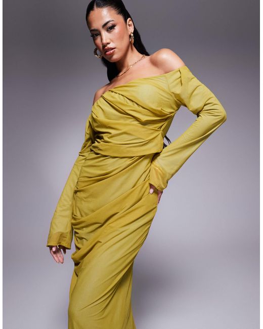 ASOS Yellow Stretch Chiffon Long Sleeve Bardot Maxi Dress