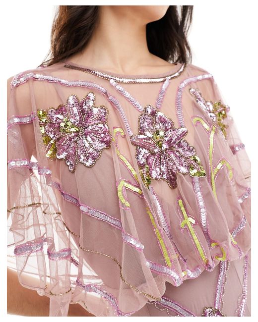 Vestito lungo con decorazioni floreali e maniche ad ali di pipistrello di ASOS in Pink
