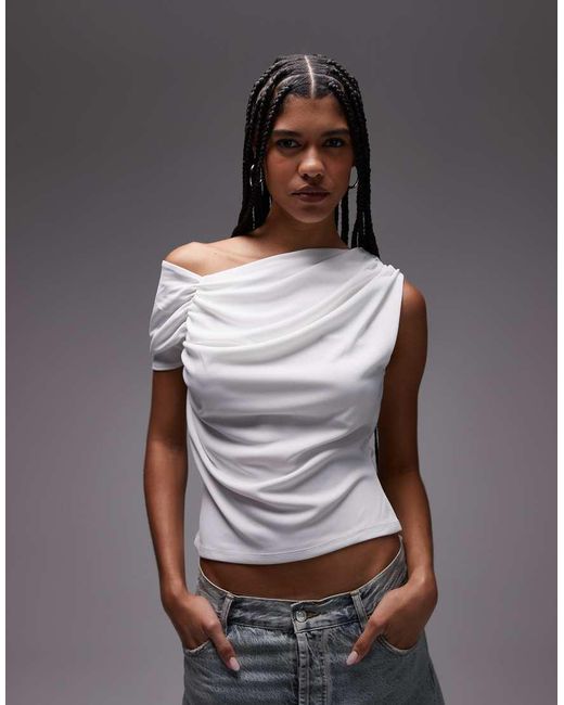 TOPSHOP Gray Ruched Detail One Shoulder Top