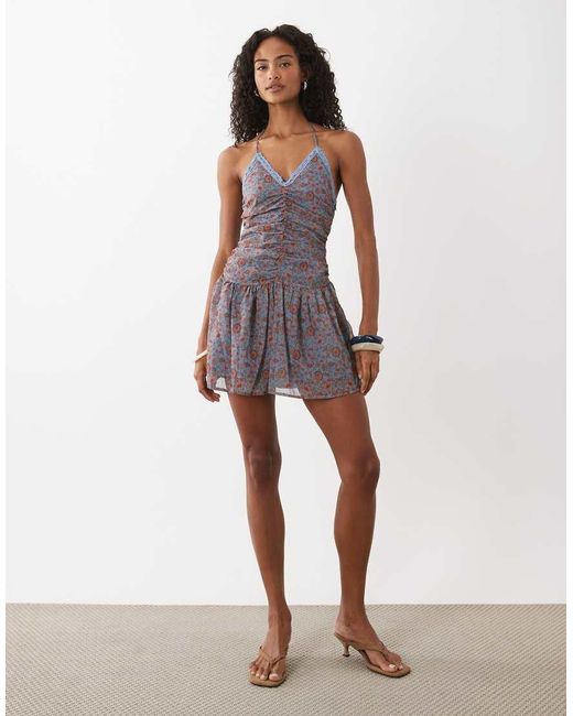 Motel White Emika Chiffon Ruched Halter Mini Dress