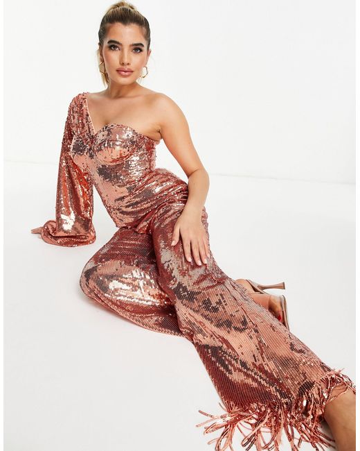 ASOS Sequin Jumpsuit With Extreme Sleeve And Fringe Hem in Gold (Red