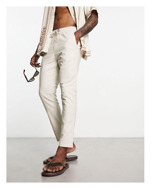 Only & Sons White Linen Mix Tapered Fit Trousers for men