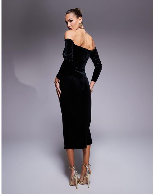 True Violet Black – langärmliges, schulterfreies midaxikleid aus em samt mit oberschenkelschlitz