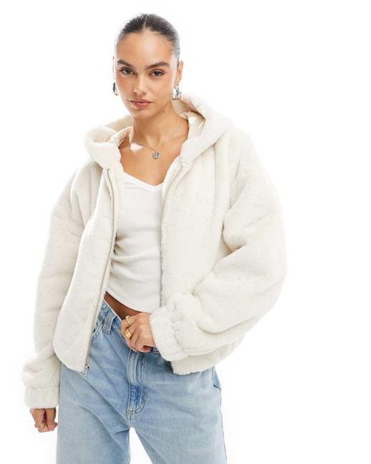 Hollister White Plush Faux Fur Hooded Jacket