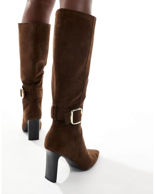 London Rebel Brown Leah Kitten Heel Knee Boots With Buckle Detail