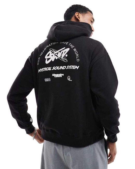 Pull&Bear Black Stwd Printed Hoodie for men