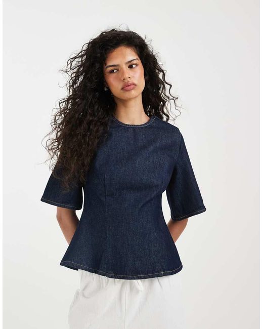 ASOS Blue Denim Short Sleeve Peplum Top
