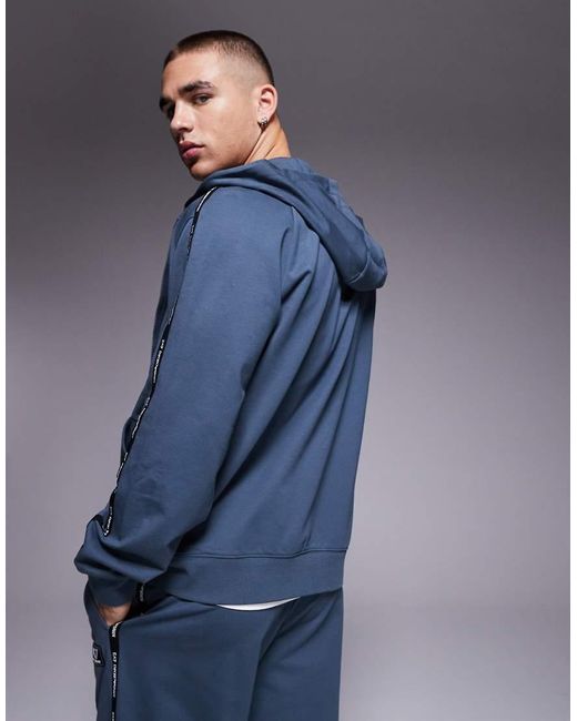 EA7 Blue Armani Zip Hoodie With Logo Tape Detail for men