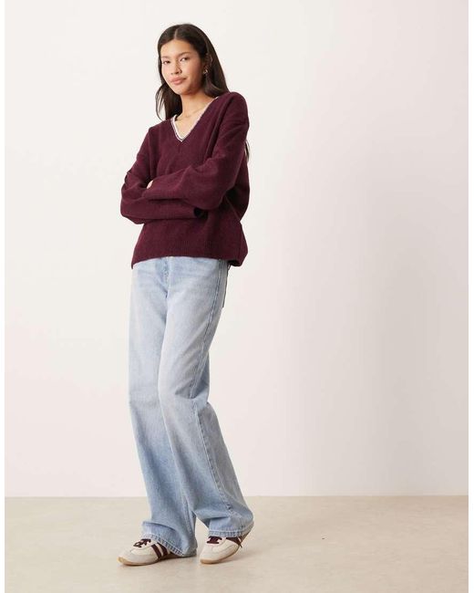 ASOS Purple Relaxed V Neck Jumper With Contrast Tipping