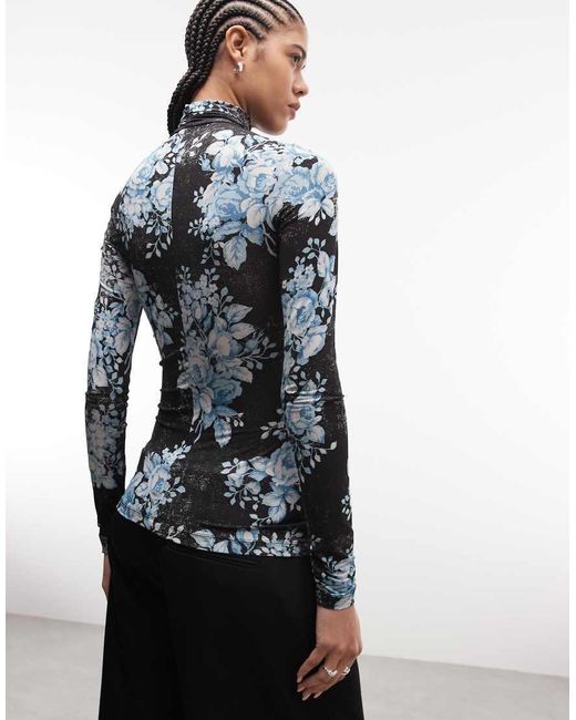 & Other Stories Black Sheer Floral Printed High Neck Top