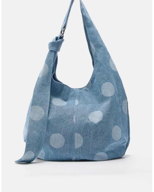 Pull&Bear Blue Polka Dot Denim Tote Bag