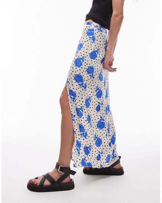 TOPSHOP Blue Floral Rose Bias Split Midi Skirt