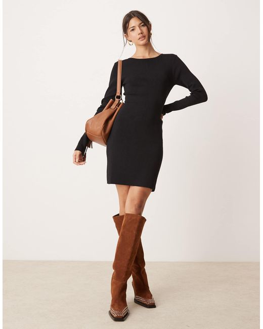 Miss Selfridge Natural – geripptes, langärmliges minikleid aus kompaktem strick