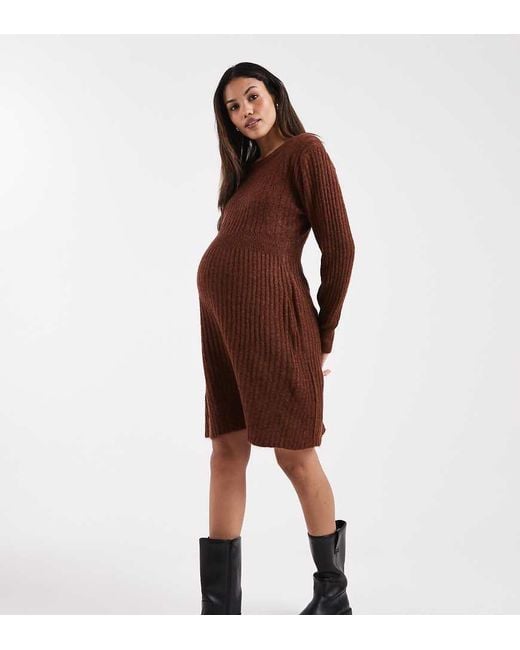 Mama.licious Brown Mamalicious Maternity Ribbed Knitted Fit And Flare Mini Dress