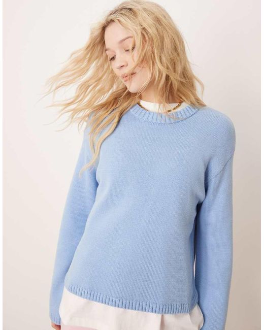 Gina Tricot Blue Cotton Blend Knitted Sweater With Crew Neck
