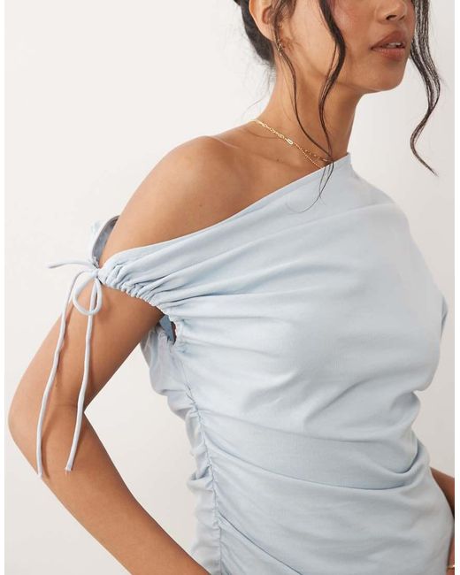 ASOS White Ruched Sleeve Fallen Shoulder Waisted Tee
