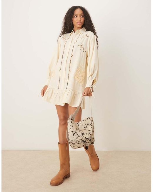 ASOS Natural Twill Broderie Mini Shirt Dress With Tonal Stitching