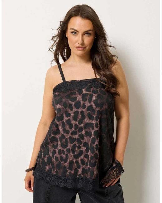 Yours Clothing Black Leopard Print Lace Trim Vest Top