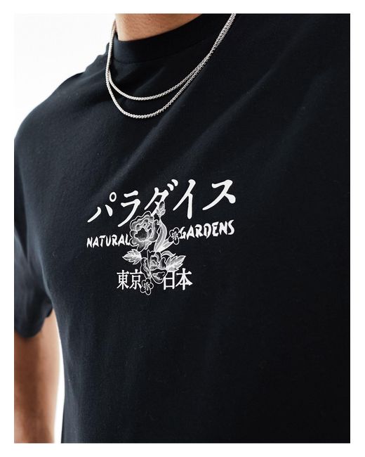T-shirt oversize imprimé fleuri au dos et sur la poitrine ASOS pour homme en coloris Black