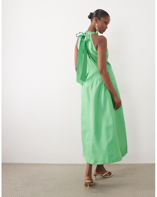 Forever New Green Linen Blend Pleat Detail Halter Midi Dress