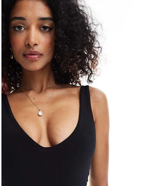 Bershka Black Plunge Neck Bodysuit With Side Ruching
