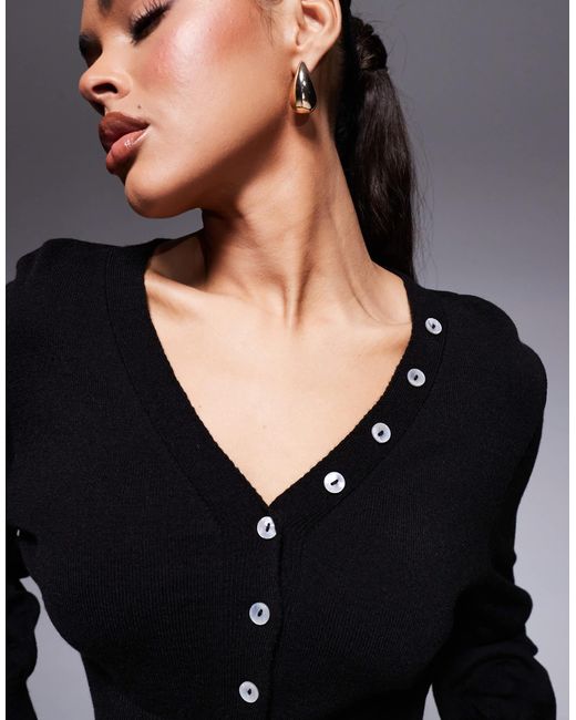 ASOS Black Cinched Waist Knitted Cardigan With Faux Shell Buttons
