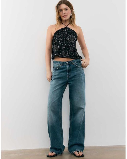 Stradivarius Black Embroidered Halter Top