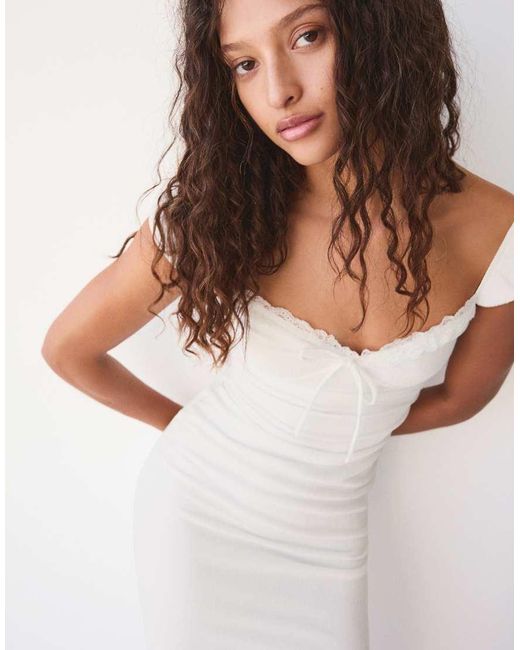 Bershka White Lace Crinkle Midi Dress