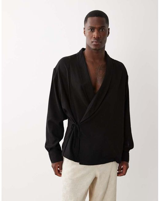 ASOS Black Oversized Wrap Tie Shirt With Linen Look for men