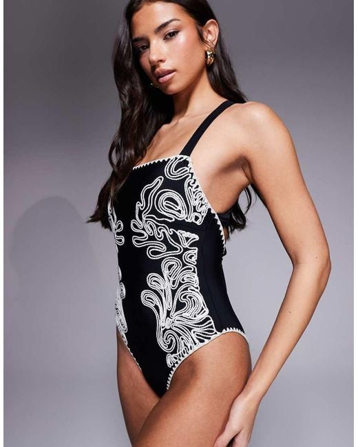 River Island Blue Floral Embroidered Detail Swimsuit