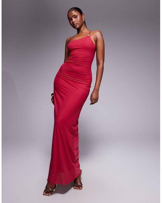 ASOS Red Asymmetric Double Strap With Gold Trim Detail With Ruching Mesh Maxi Dress
