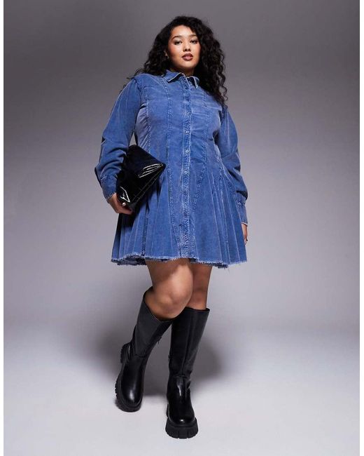 ASOS Blue Asos Design Curve Cord Shirt Dress With Nipped