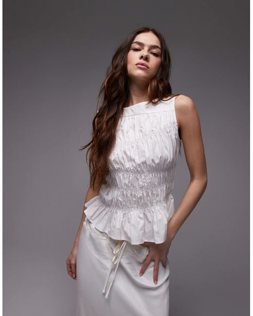 TOPSHOP Gray Poplin Shirred Slash Neck Top