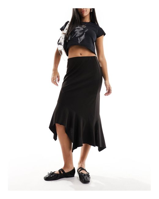 Monki Black Asymmetric Drape Midi Skirt