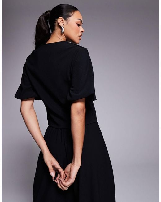 ASOS Black Ribbed Puff Sleeve Structured Hook And Eye Top