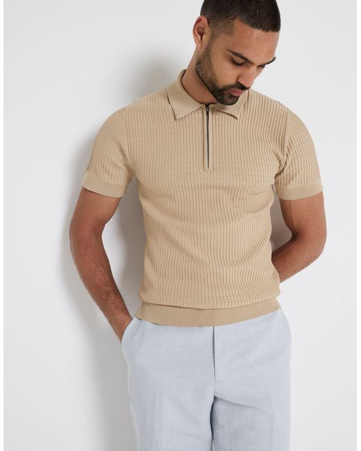 River Island Brown Muscle Fit Knitted Half Zip Polo for men