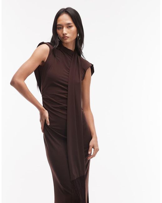 ASOS Brown Slinky Scarf Neck Structured Shoulder Maxi Dress With Cowl Back