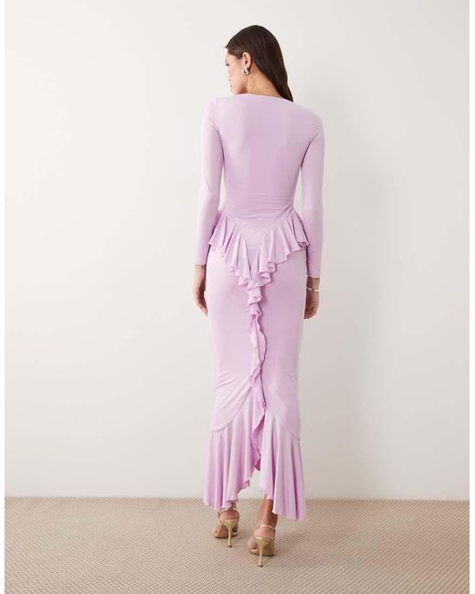 Ruched & Ready Purple Sculpting Long Sleeve Ruffle Drape Detail Maxi Dress