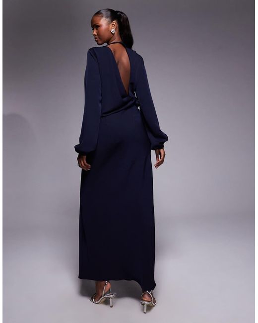 ASOS Long Sleeve Twist Waist Detail Maxi Dress With Open Back in Blue ...